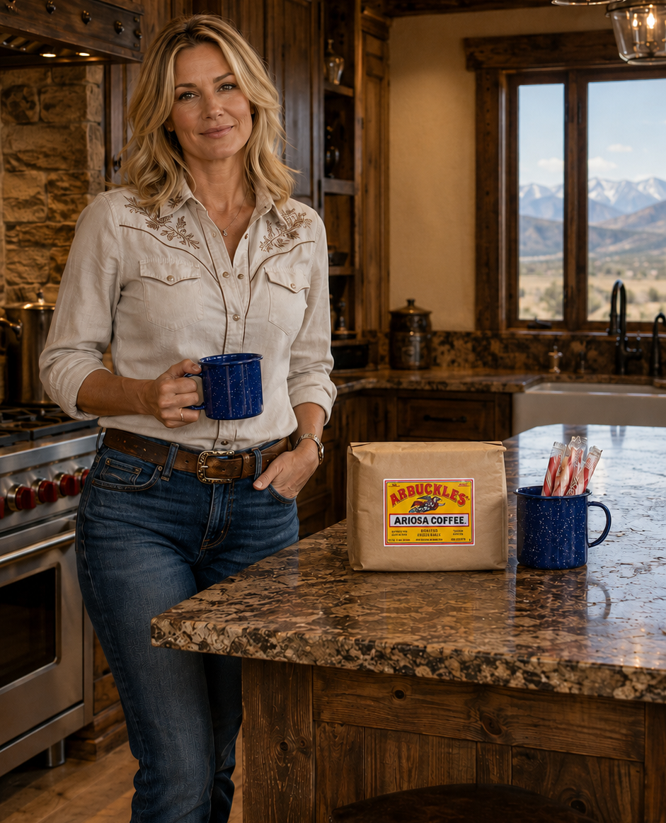 A woman holding an Arbuckle's mug in a western kitchen